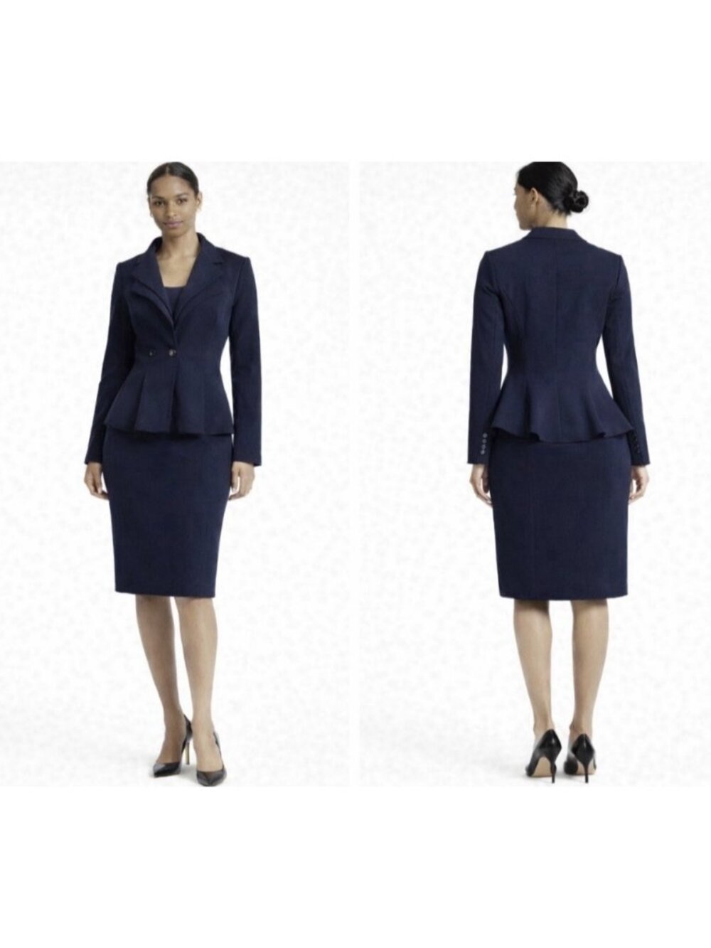 Noir Peplum Suit Blazer Jacket Skirt Suit Navy Blue Stretch 1X NEW